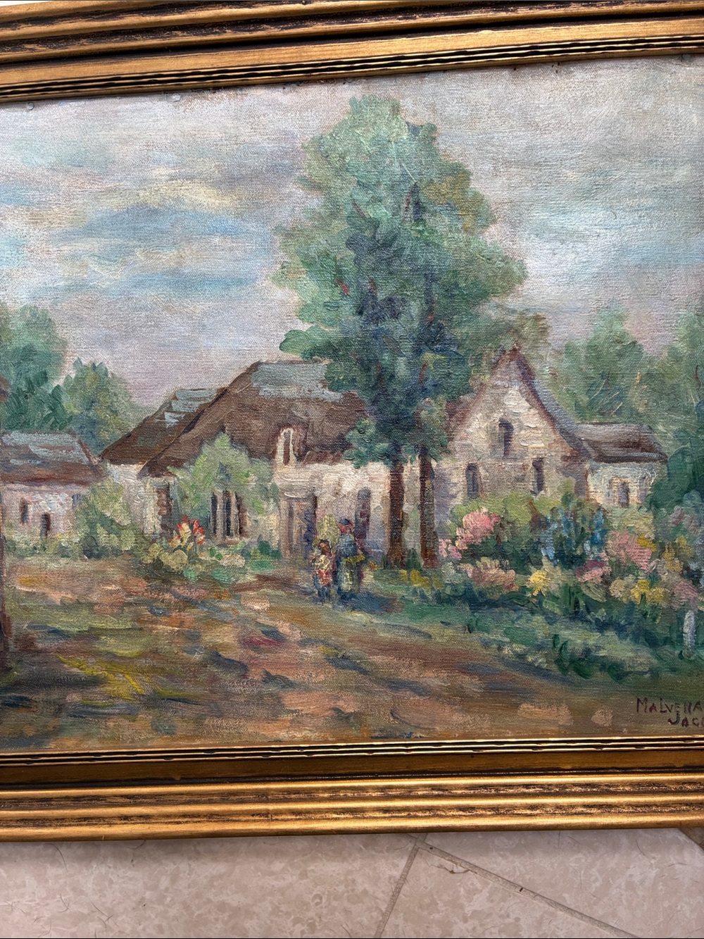 Vintage Pastoral Village Oil Painting